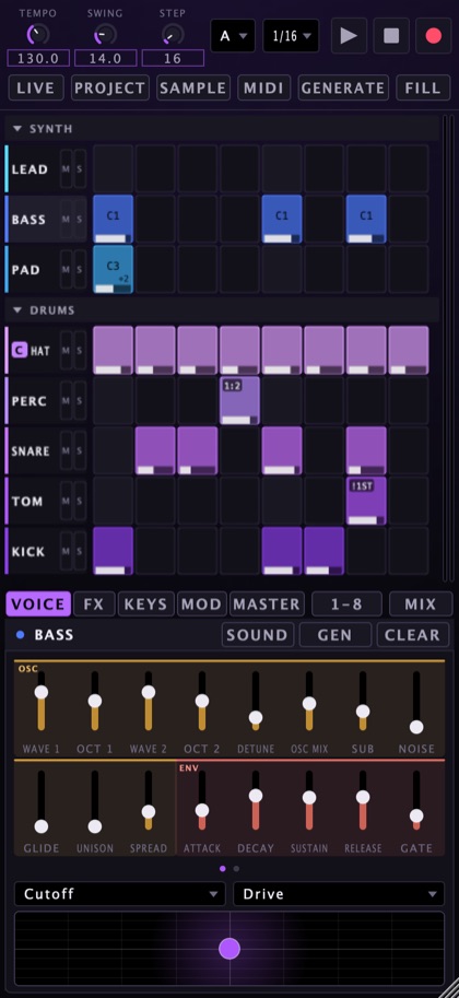 SYNTHY on iPhone: step grid with synth and drum tracks, voice faders below